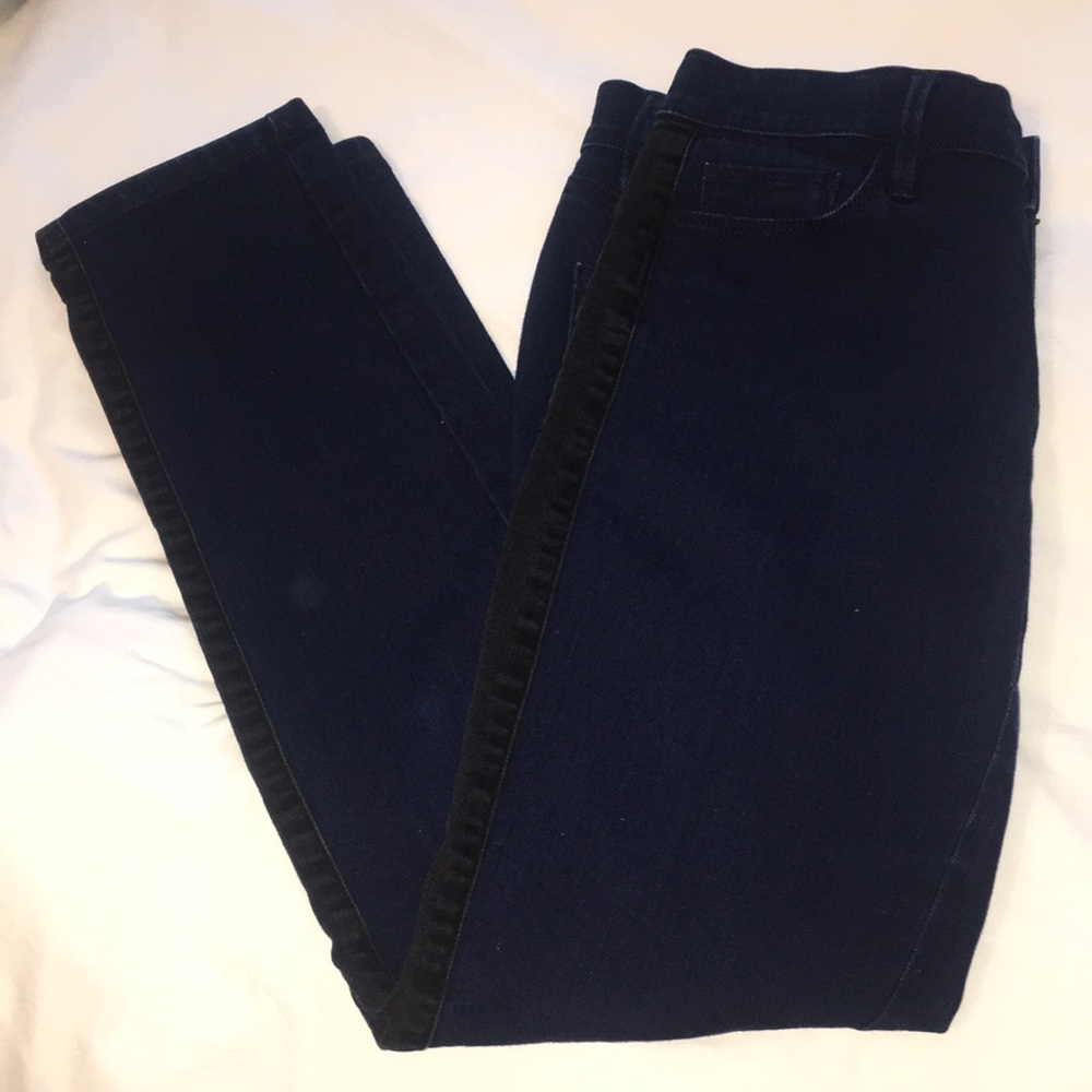 LOFT modern skinny jeans, dark rinse, black stripe